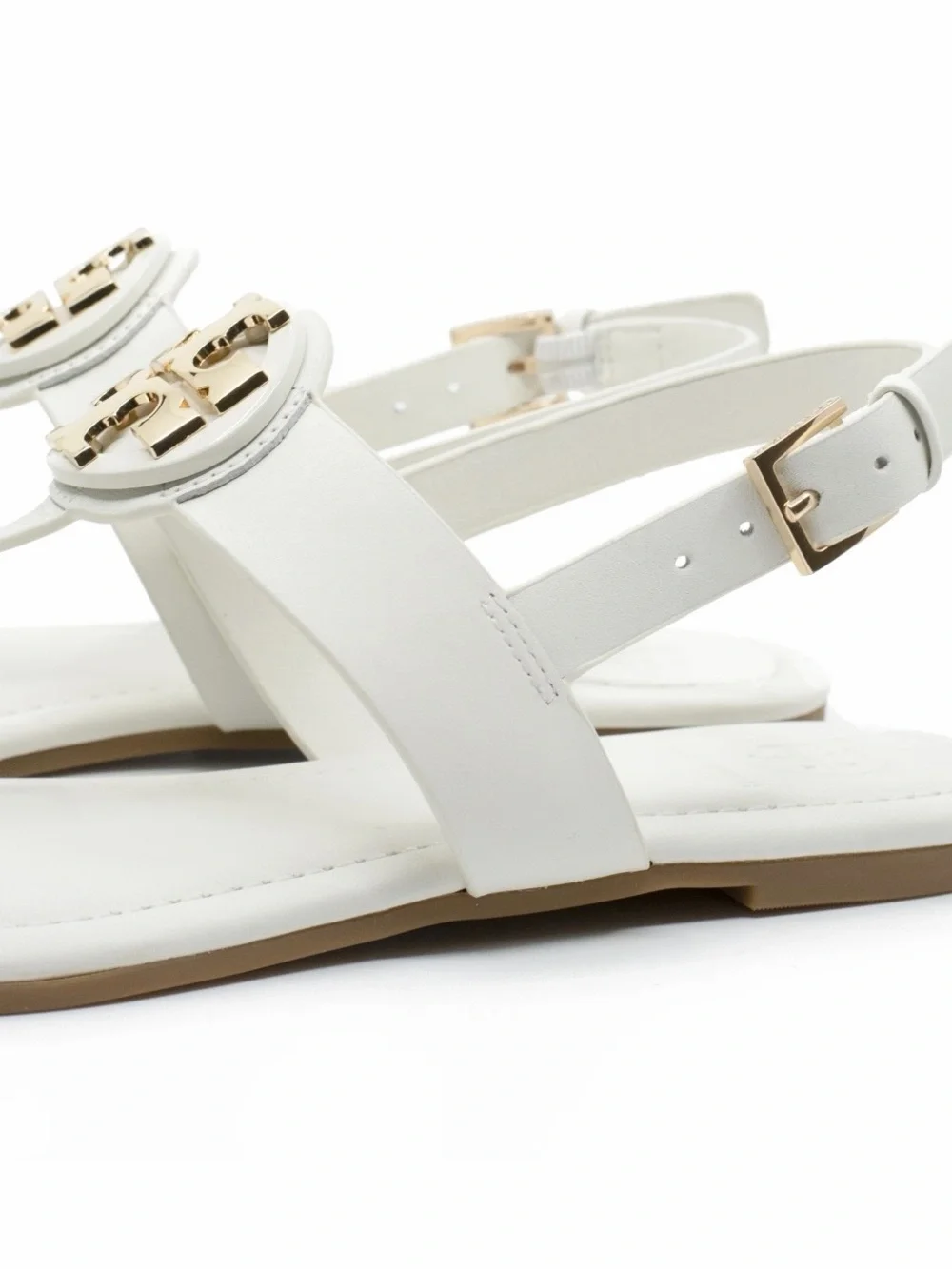Tory Burch Bryce White Leather Thong Sandals with Gold Emblem